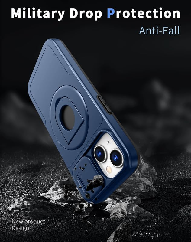 Image of LuxuryKase MagSafe Shockproof Rugged Back Case for iPhone 14 Plus | Finger Ring Kickstand & Sliding Camera Cover | Military Drop Protection | Wireless Charging Support - Blue