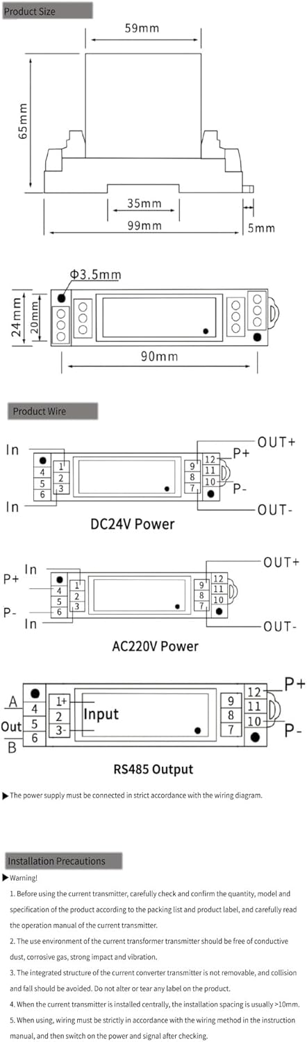 DC24V AC DC Current Transmitter 4-20mA 0-10V 0-5V RS485 35mm Rail Current Transducer 0-1A 0-2A 0-5A 0-10A AC DC Current Sensor(Input DC 0-10A)
