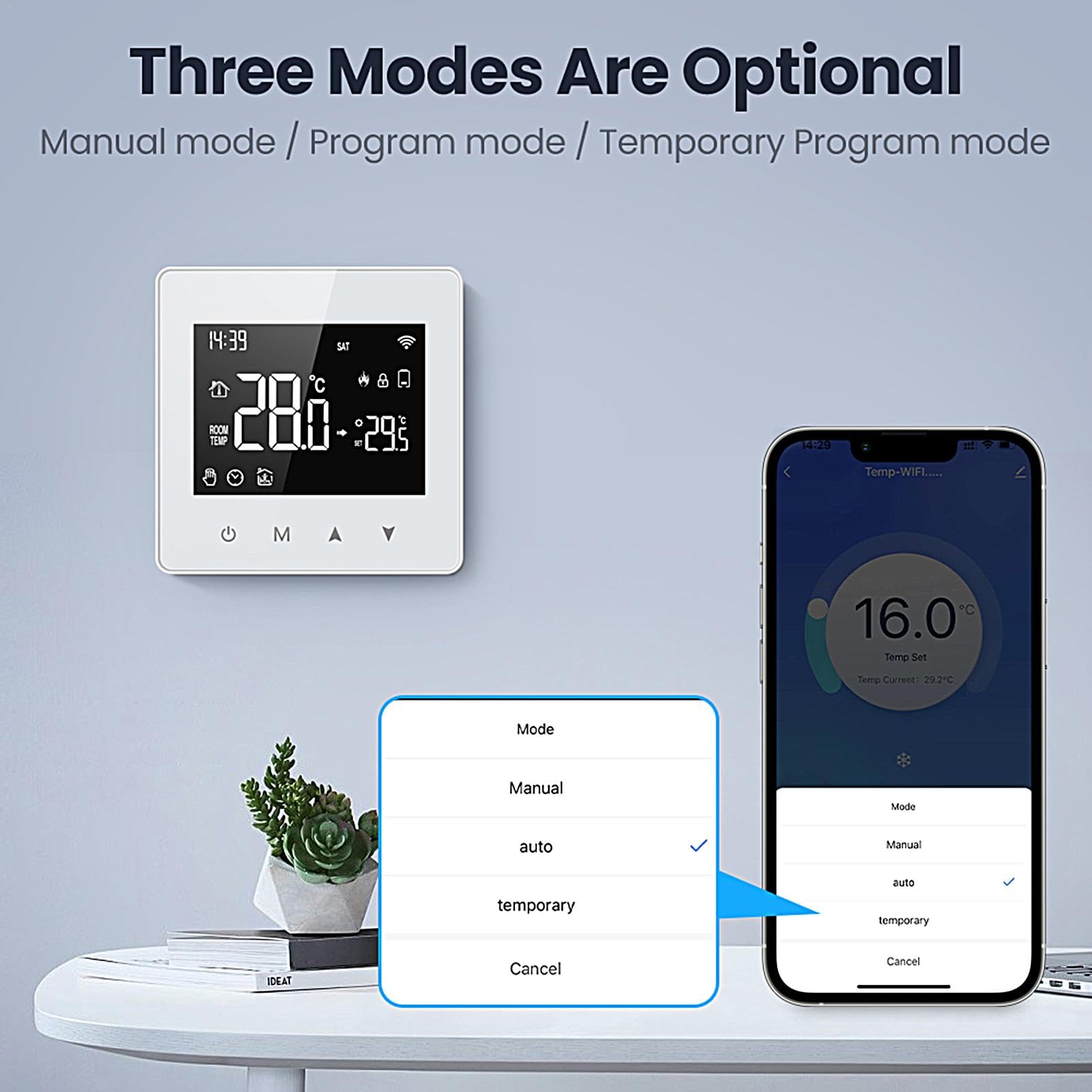 Teksome Termostatos inteligentes para el hogar, termostato WiFi, termostato digital con pantalla LCD, termostato para el hogar, funciona con pilas para CA y calefacción
