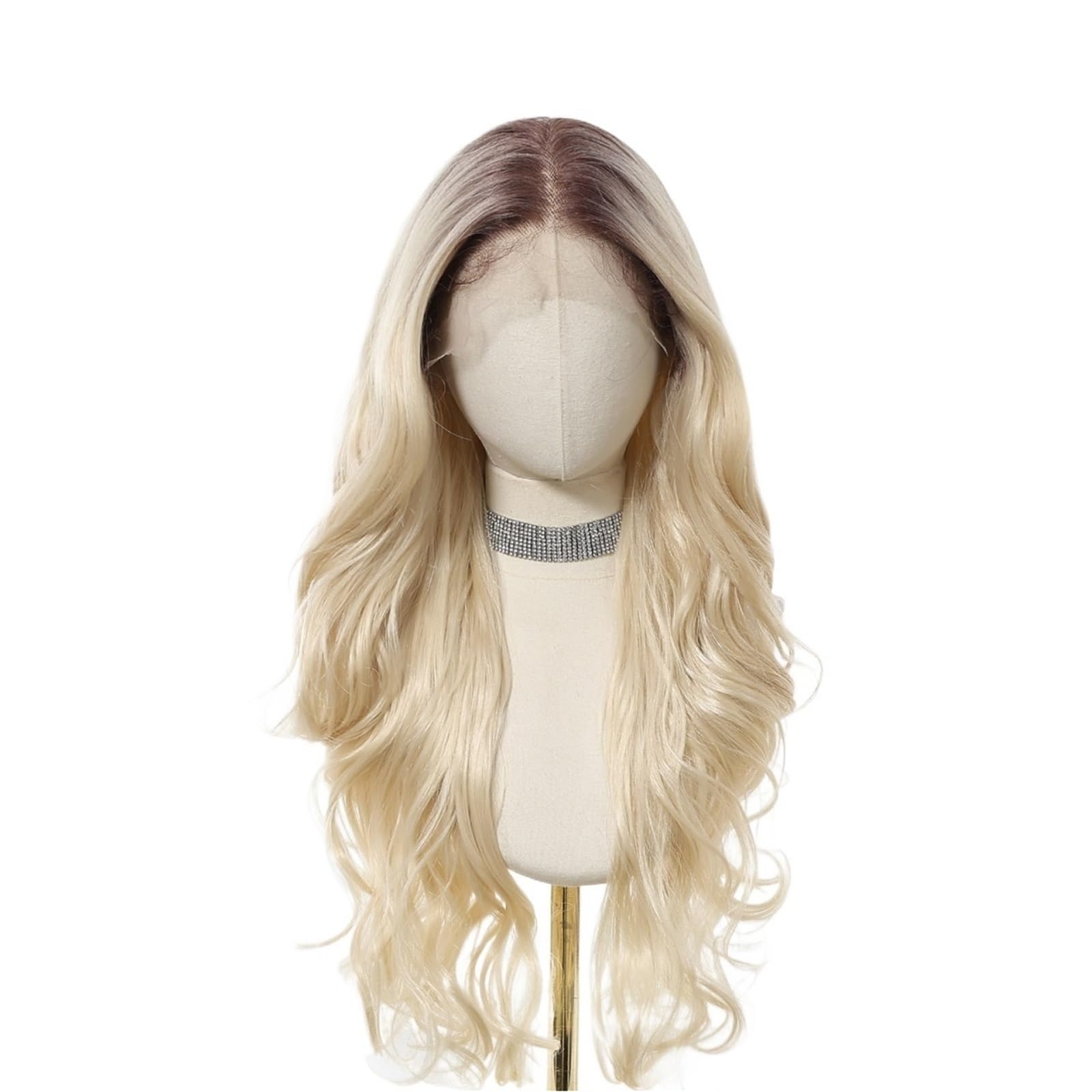 Donne Parrucca sintetica in pizzo biondo Ombre con parte centrale a radice scura Capelli ondulati lunghi Fibra resistente al calore Festa