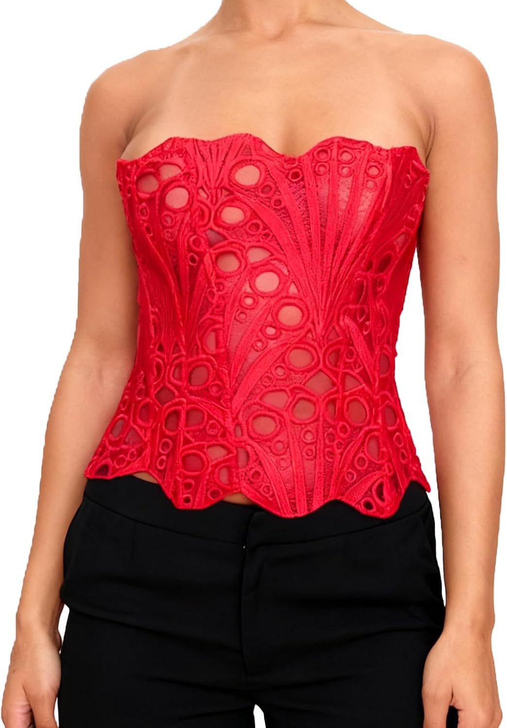 Nicoxijia Corset Tops for Women Floral Hollowed Strapless Lace Crop Top Y2K Sexy Going Out Irregular Hem Shapewear Bustier