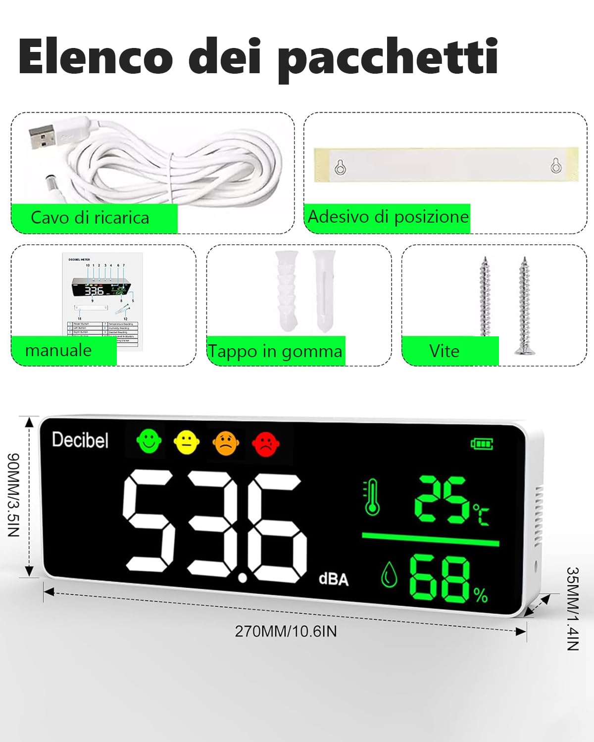Fonometro Digitale Montato a Parete, 3In1 Misuratore di Decibel 30-130dB, Tester del Volume Rumore Audio con Temperatura e Umidità, Schermo LCD 11", Sound Monitor per Casa, Camera Bambino, Biblioteca