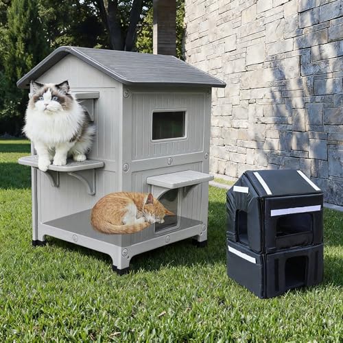 Rockever Plastic Outdoor Cat House with Insulated Liner, 100% Insulated Outdoor Cat Houses for...