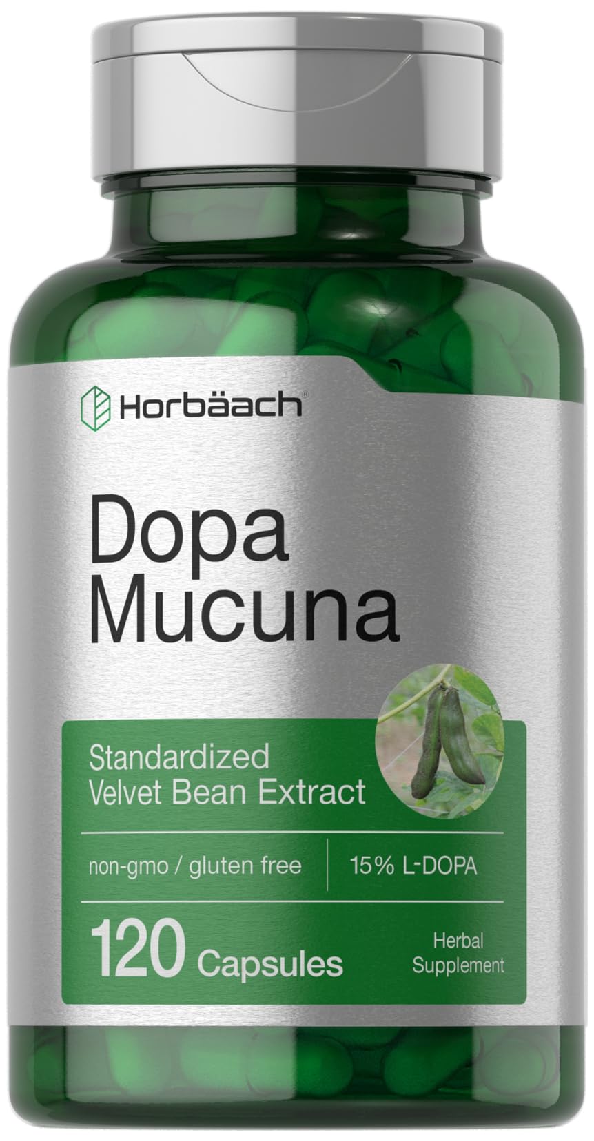 Horbäach Dopa Mucuna Supplement | 120 Capsules | Velvet Bean Herbal Extract | 15% L-Dopa | Non-GMO & Gluten Free