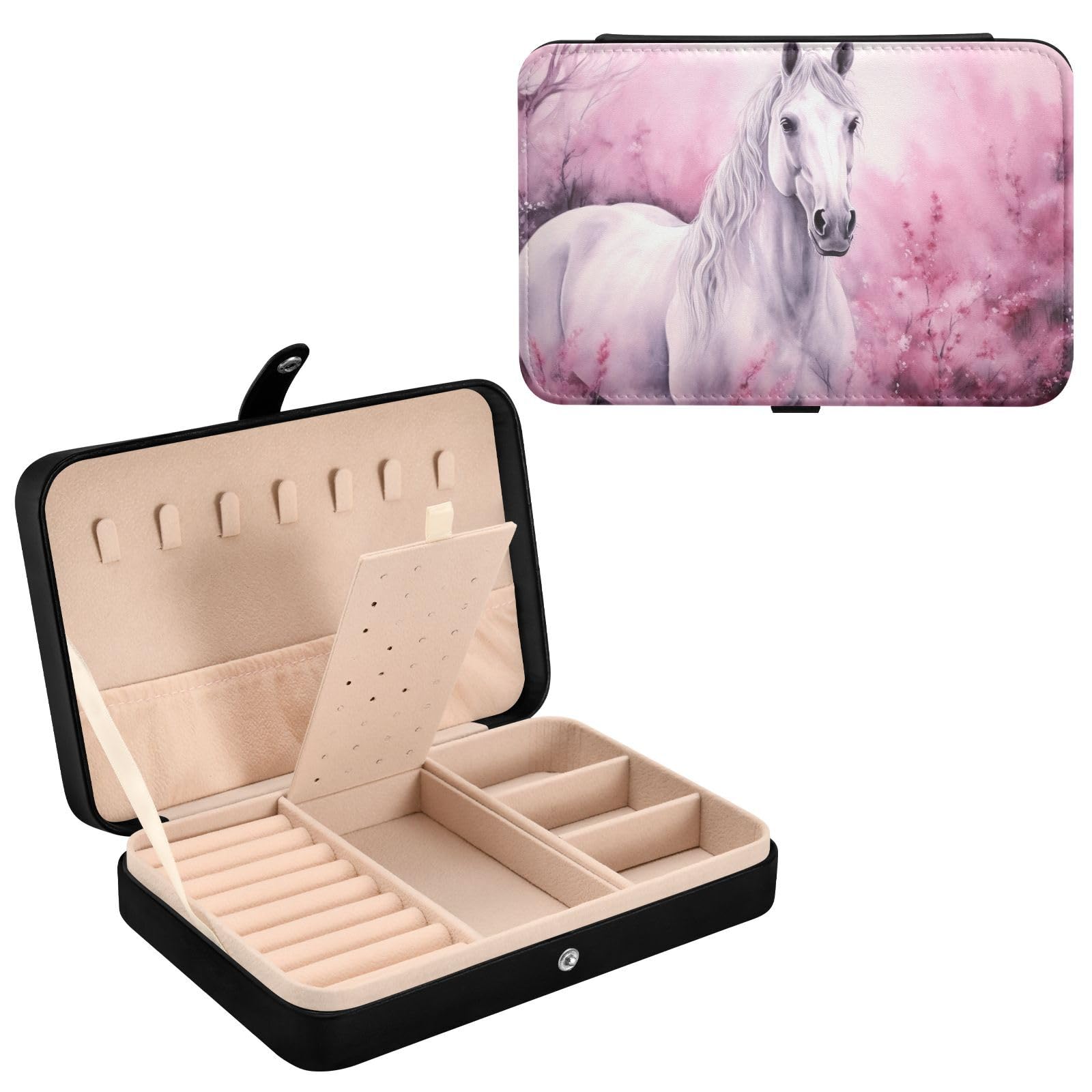 Haskirky White Horse Jewelry Box Portable PU Leather Travel Jewelry Organize for Women Jewelry Storage Display Holder for Ring, Necklace, Earring