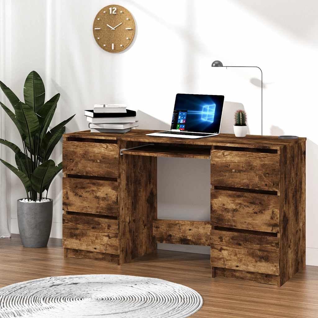 Scrivania Rovere Fumo in Legno Multistrato 140x50x77 cm con Cassetti, Tavolo Scrittoio per Ufficio Casa Studio, Mobile Porta PC Gaming, Postazione Lavoro Smartworking
