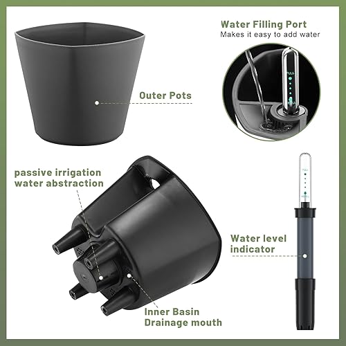 Miniatura 2 de Macetas de riego automático para plantas de interior y exterior, maceta de 7 pulgadas con indicador de nivel de agua, color gris, paquete de 3