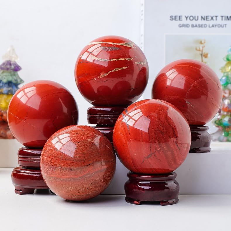 Red Jasper Ball with Stand, Crystal Sphere for Home Fengshui Yoga, Balancing,45mm