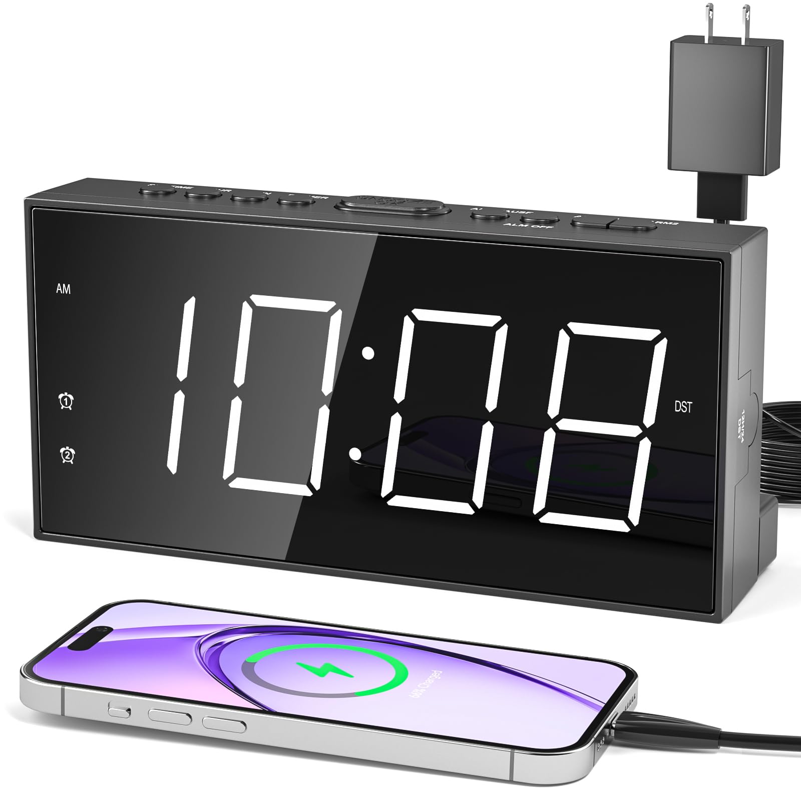 7.5" Digital Alarm Clock for Bedroom with Power Adapter, Dual Alarms Big Numbers Snooze USB Port Dimmable 5 Volumes Battery Backup 12/24H & DST Led Loud Alarm Clock for Heavy Sleepers Adults