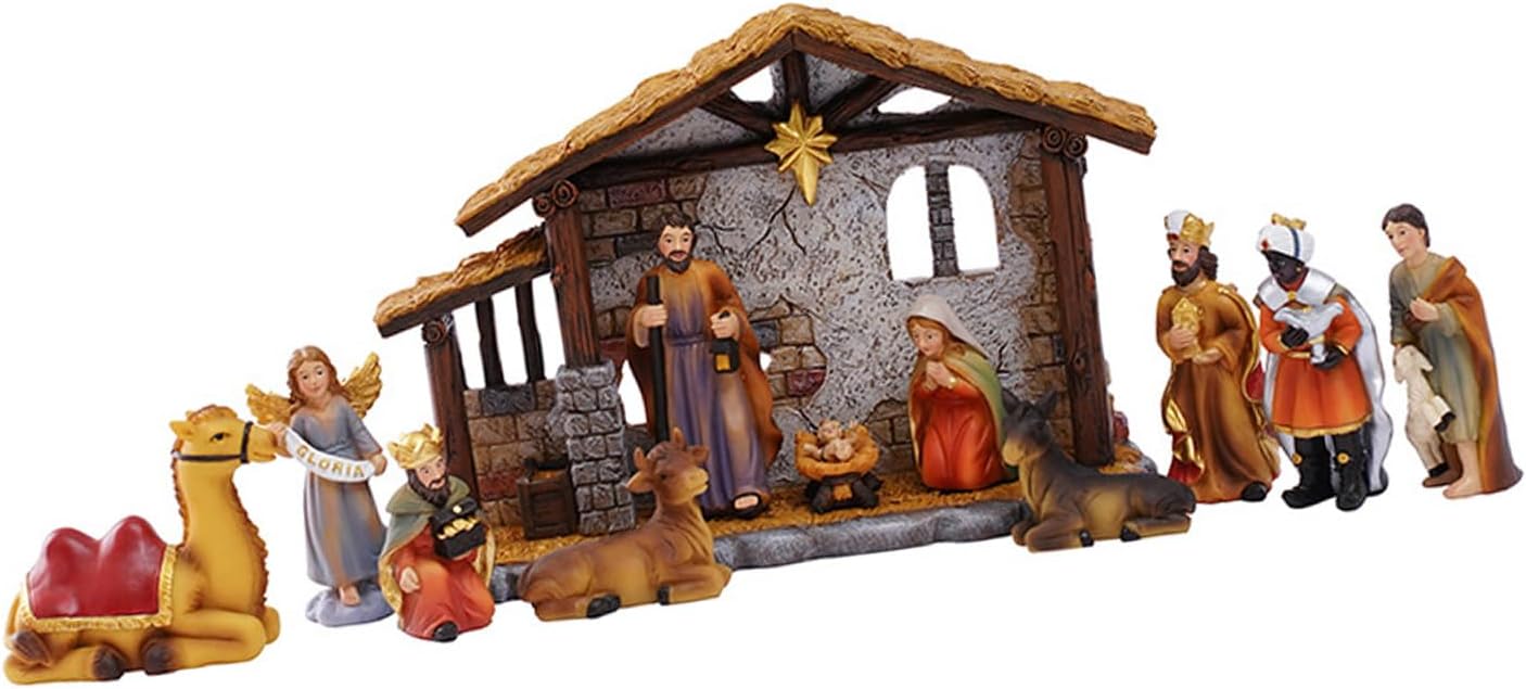 1. Christmas Nativity Scene Resin Manger Holy Family Set with Donkey Tabletop Decor for Holiday Home Holy Family Resins Figurine Statue with Stable