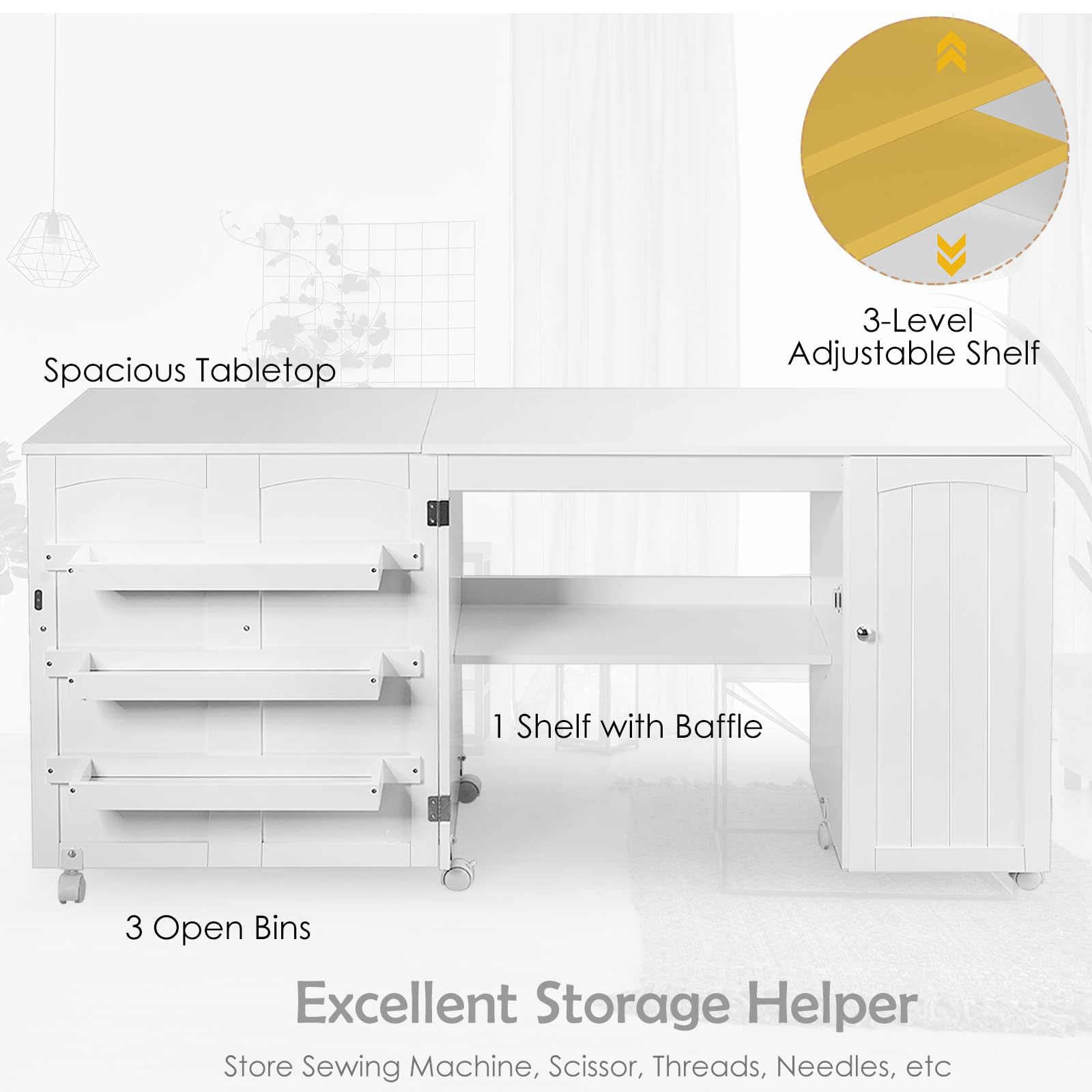 LIFEZEAL 3 in 1 Nähmaschinenschrank, Klappbarer Nähtisch auf 6 Rollen, Mobiler Nähschrank mit Ablage & 3 Regale, Computertisch für Zuhause&Büro, 158,5 x 50 x 74 cm (Weiß)