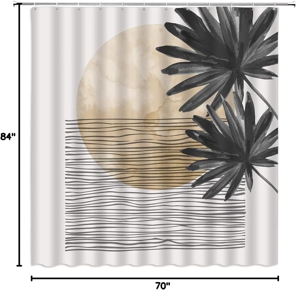 Mid Century Shower Curtain Abstract Striped Tropical Leaves Plant Moon Minimalist Botanical Curve Aesthetic Contemporary Shapes Black Fabric Home Bathroom Decor Set with Hooks（84" Wx70 H）