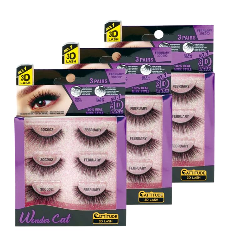 3x [3 Pairs] Wonder Cat Lashes – Wispy Cat Eye Lashes Strips, Natural Mink-Style False Eyelashes for Daily Wear by EBIN New York – Gift Set (3 Items)
