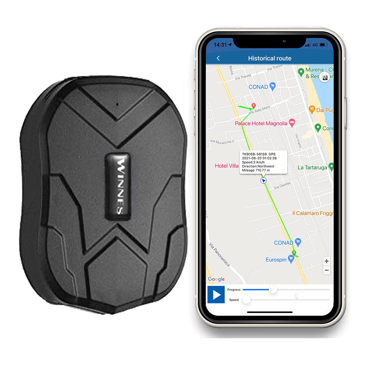 Winnes Localizador GPS para Coche Magnético, Rastreador para Caravana | SIM Incluida, Sin Suscripción, Geovalla, Historial 180 Días, Alertas al Móvil, Seguimiento en Tiempo Real, IP65