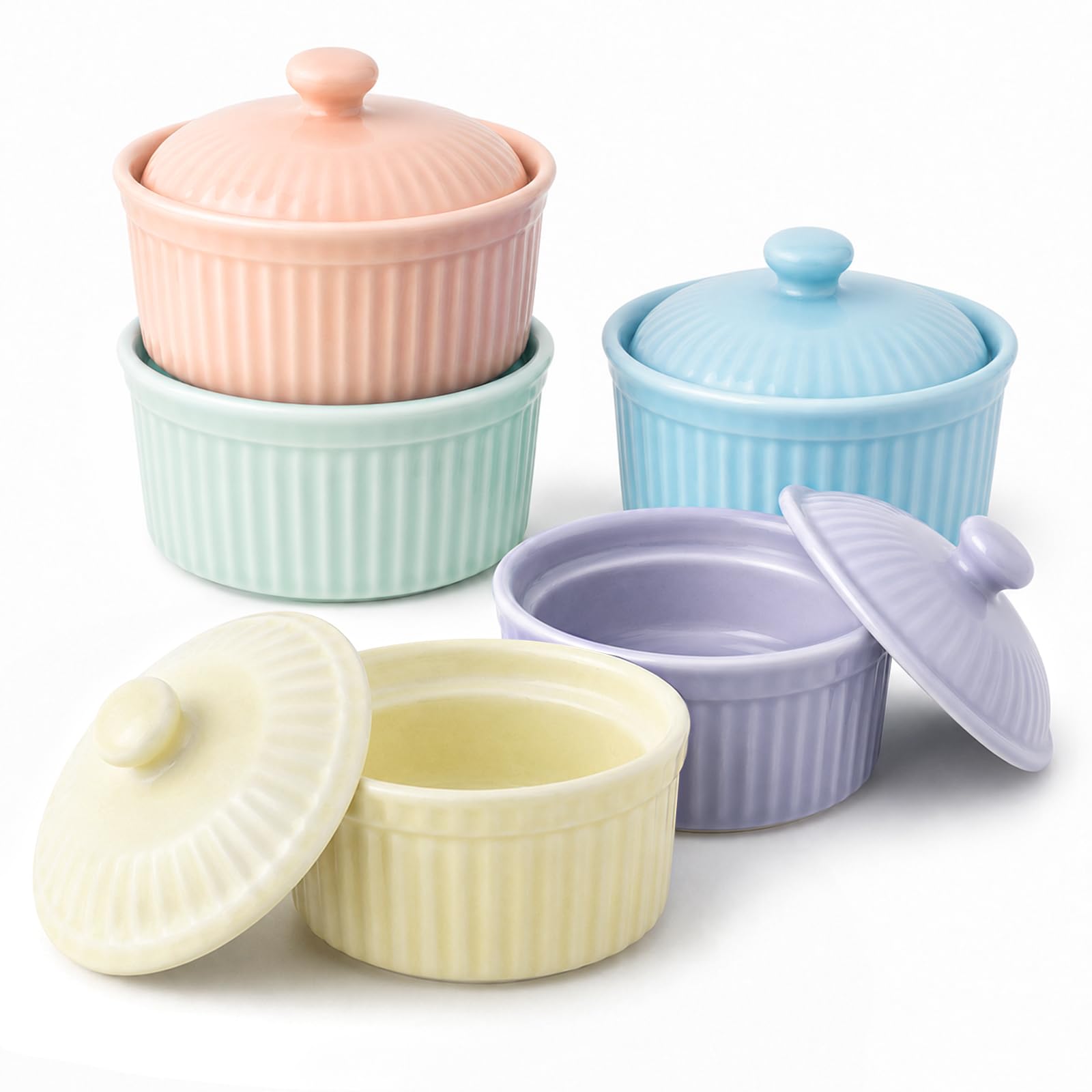 Meltset - Ramequines de 5.5 onzas con tapas, cuencos de cerámica aptos para horno, platos de porcelana para hornear soufflé, crema brulee, pastel de lava, postres de helado, aperitivos (juego de 5)