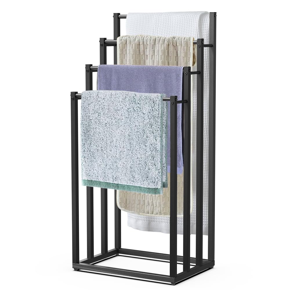VOUNOT® Porte-​Serviettes autoportant sur Pied Support à 4 Niveaux en Métal Rangement Stable pour Serviettes de Bain et Accessoires Idéal à Côté de la Douche Baignoire ou Lavabo Noir