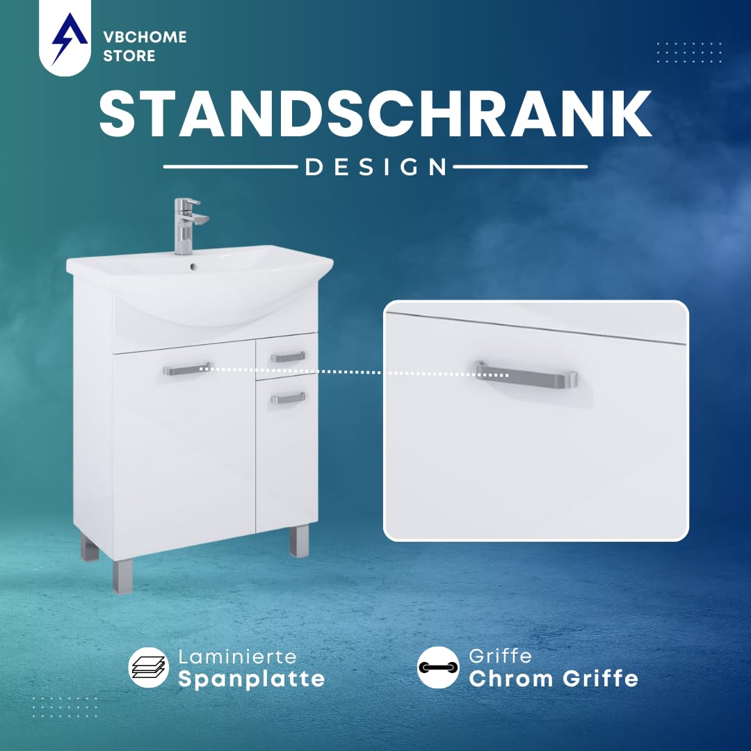VBChome Badmöbel 66x44x84 cm Weiß Waschbecken mit Hahnloch Badezimmerschrank 2 Türen 1 Schublade Soft Close System Modern