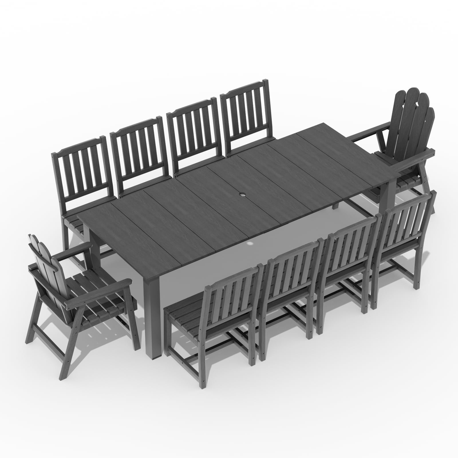 Tioline 11-Piece Patio Dining Set, Outdoor Dining Set for 10, HDPE All-Weather Outdoor Furniture with 89.57” Umbrella Hole Table, 2 Armchairs & 8