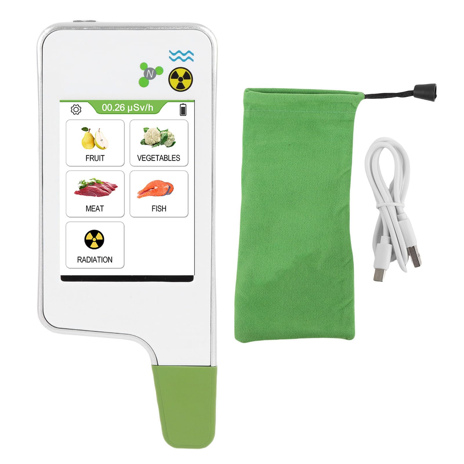 Medidor de Nitratos y Contador Geiger, Detector de Radiación Digital 2-en-1, Detección 0-9999mg/kg, Medidor de Radiación 0-99.99mSv/hr, Recargable para Mariscos, Frutas, Verduras (Blanco)