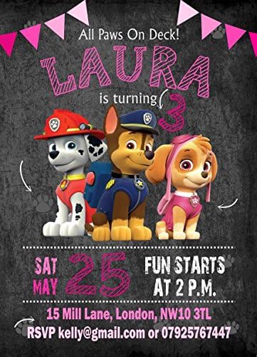 10 x Paw Patrol Personalised Children Birthday Party Invitations or Thank You Cards (with Pink envelopes)