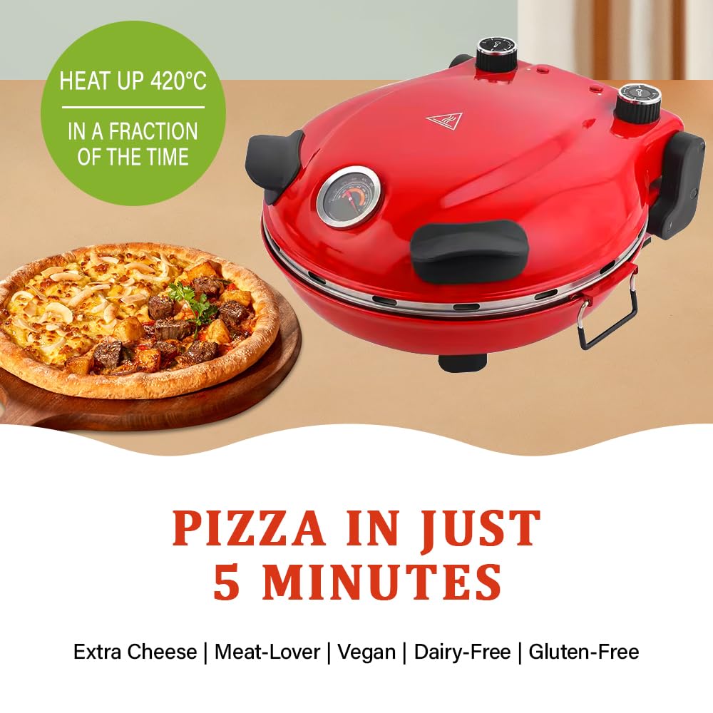 Elektryczny piec do pizzy, piec do pizzy do domu z kamienną płytą 31 cm, do 420 °C z wkładem na patelnię, 2 x łopatka do pizzy, nóż (czerwony)