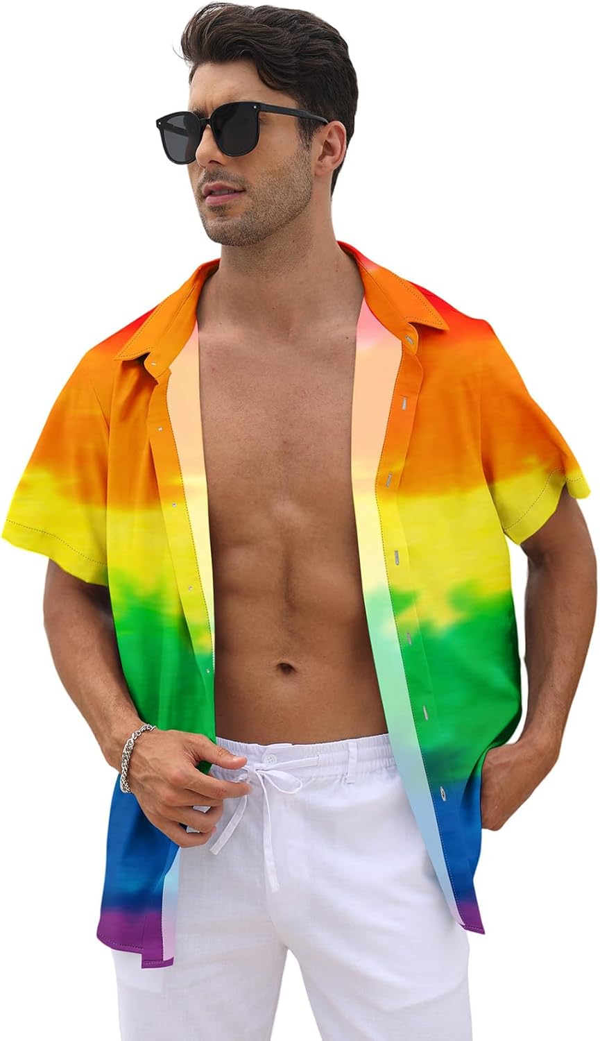 Men's Pride Shirt Short Sleeve Outfits Gay Rainbow LGBT Button Up Shirt - Image 5
