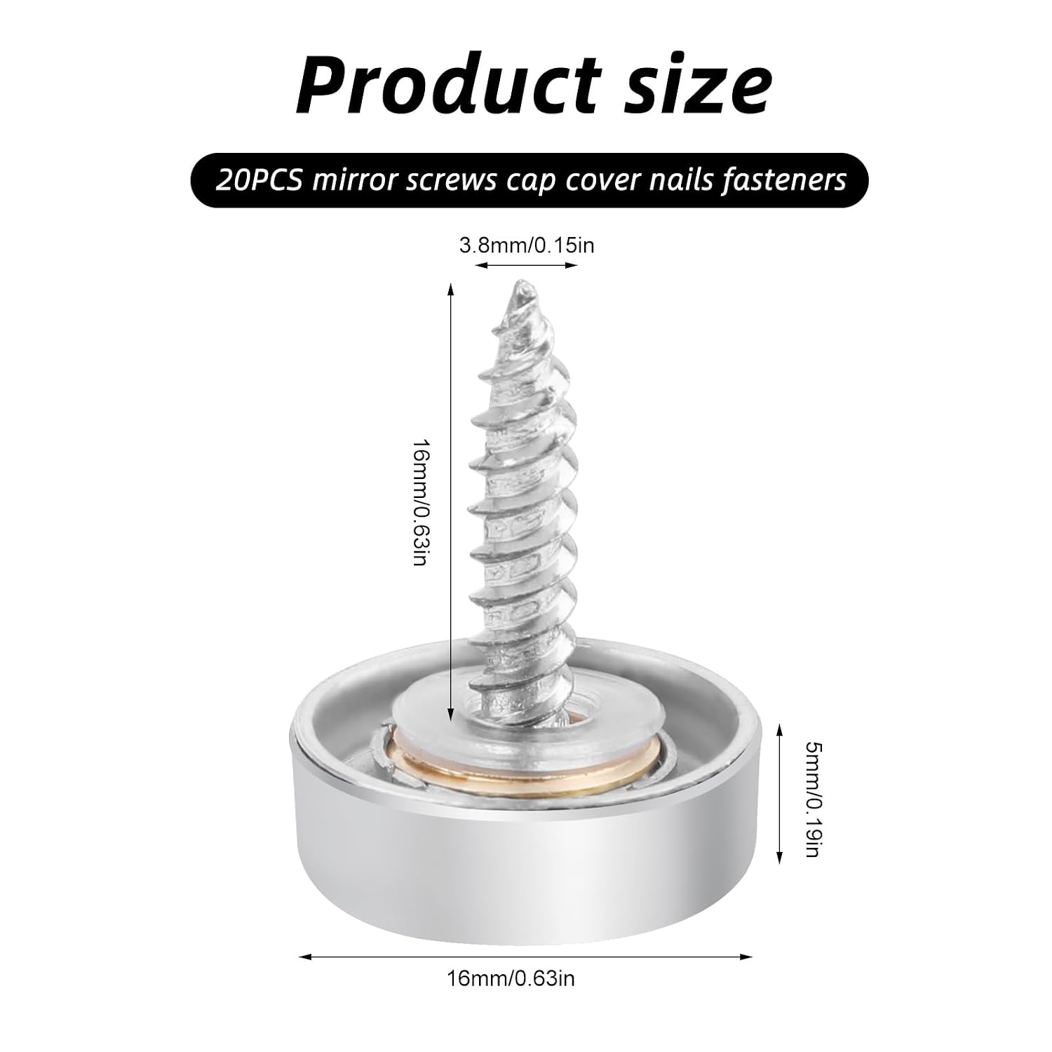 20 Pcs 16mm/0.63Inch Diameter 304 Stainless Steel Mirror Screw Caps,Decorative Screws Cover Fasteners for Bathroom Mirrors,Signage,Furniture,Advertising Hardware,Chrome