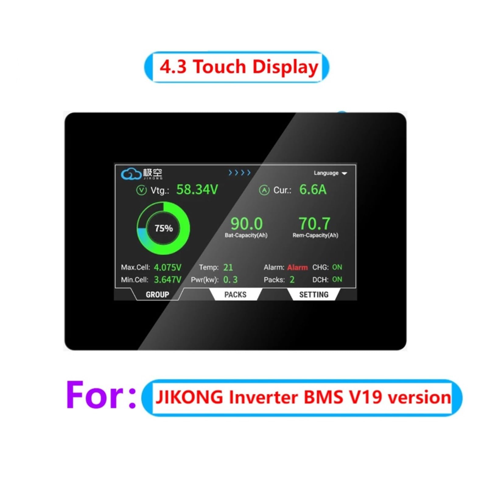 V19 Smart BMS con LCD da 4,3 Pollici, Lifepo4 48v 200A, Inverter di accumulo con bilanciamento Attivo 8S-16S BMS for Batteria agli ioni di Litio 200AH(JK-PB2A16S30P-V19)