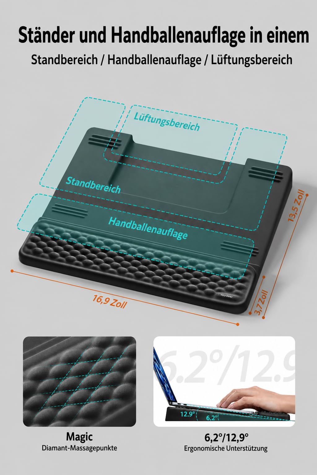 VAYDEER Handgelenkauflage für Laptop, Ergonomischer Laptopständer mit Memory Foam, Notebookständer mit Belüftung, Tastatur Handgelenkstütze, Passend für 13-16 Zoll Laptops, Schwarz