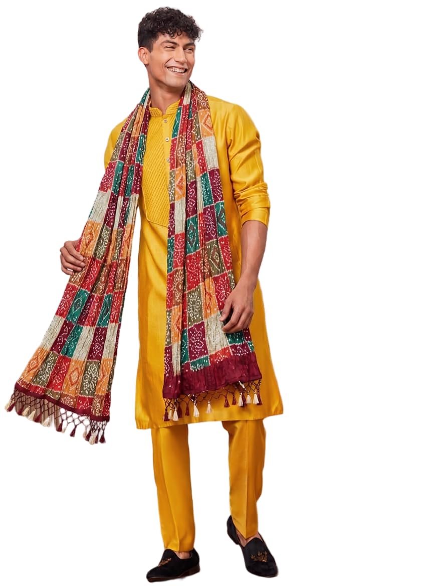Men's Dupatta in Multicolor Chinon Silk, Bandhani Print with Tassel Border, 2.4 Meters, for Indian Wear-image-30
