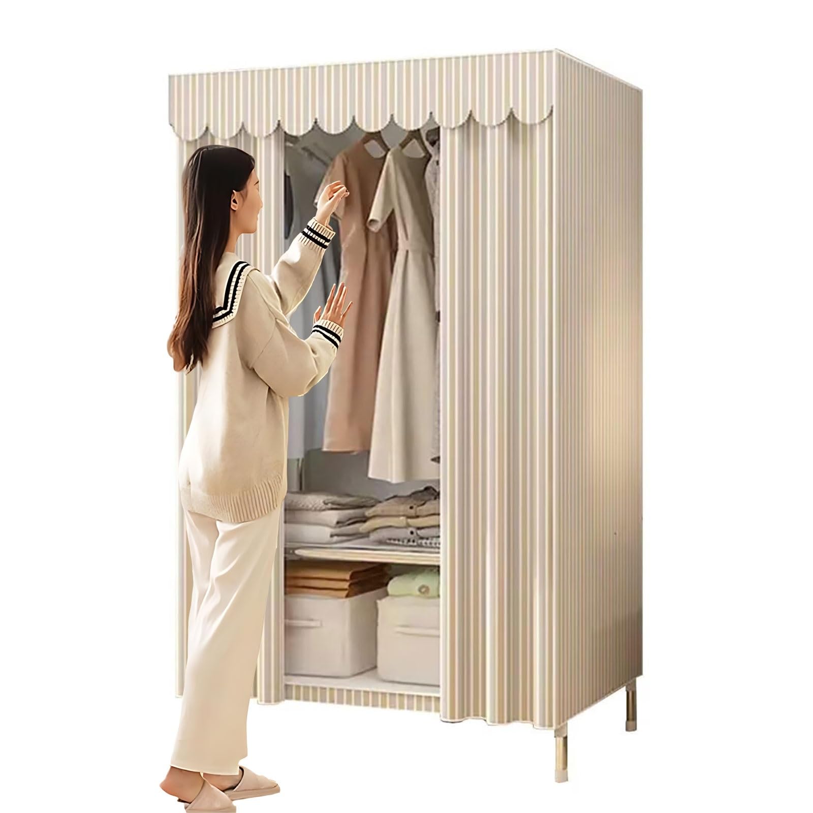 板式、木质衣柜ワードローブ 大容量 カバー付き ハンガーラック 頑丈  
