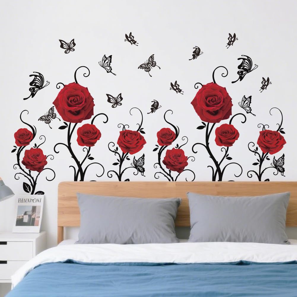 SUPERDANT 4 Sheets Red Roses Wall Stickers Valentine's Day Flowers Butterfly Wall Decals Peel and Stick Vinyl Art Murals for Home Bedroom Living Room Sofa Backdrop TV Background Decoration