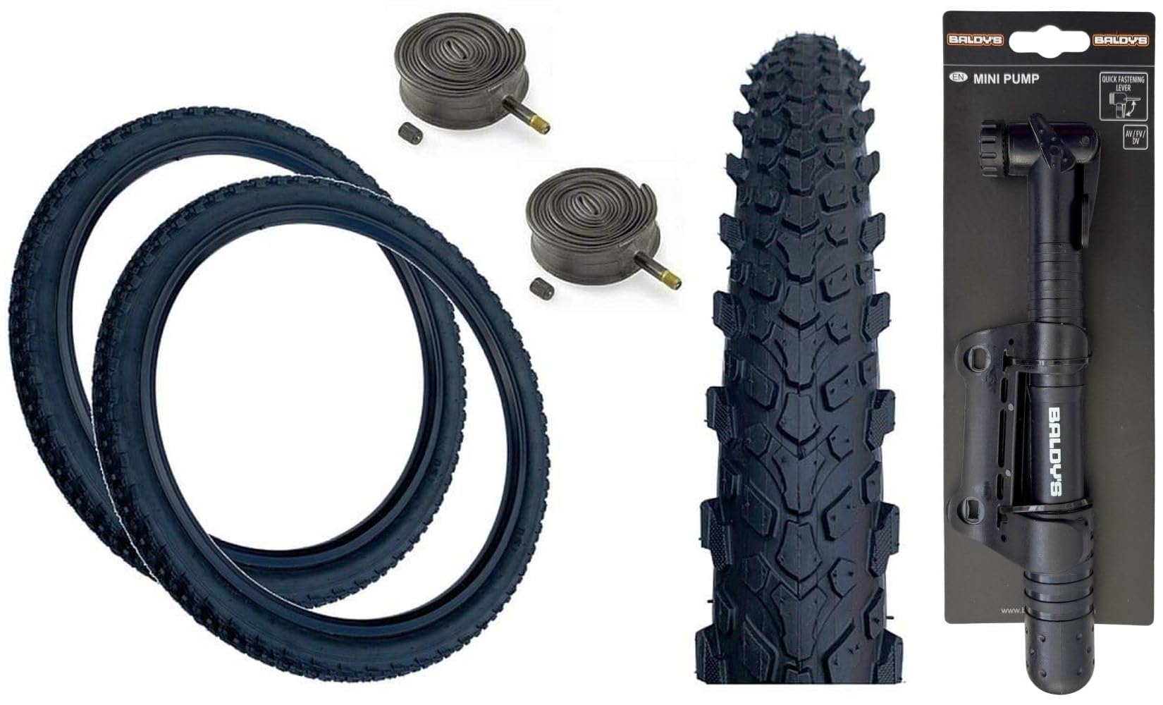 Baldys 26 x 1.95 Mountain Bike Tyres BLACK & Schrader Valve Inner Tubes (PACK OF 2) & Baldy's Mini Pump