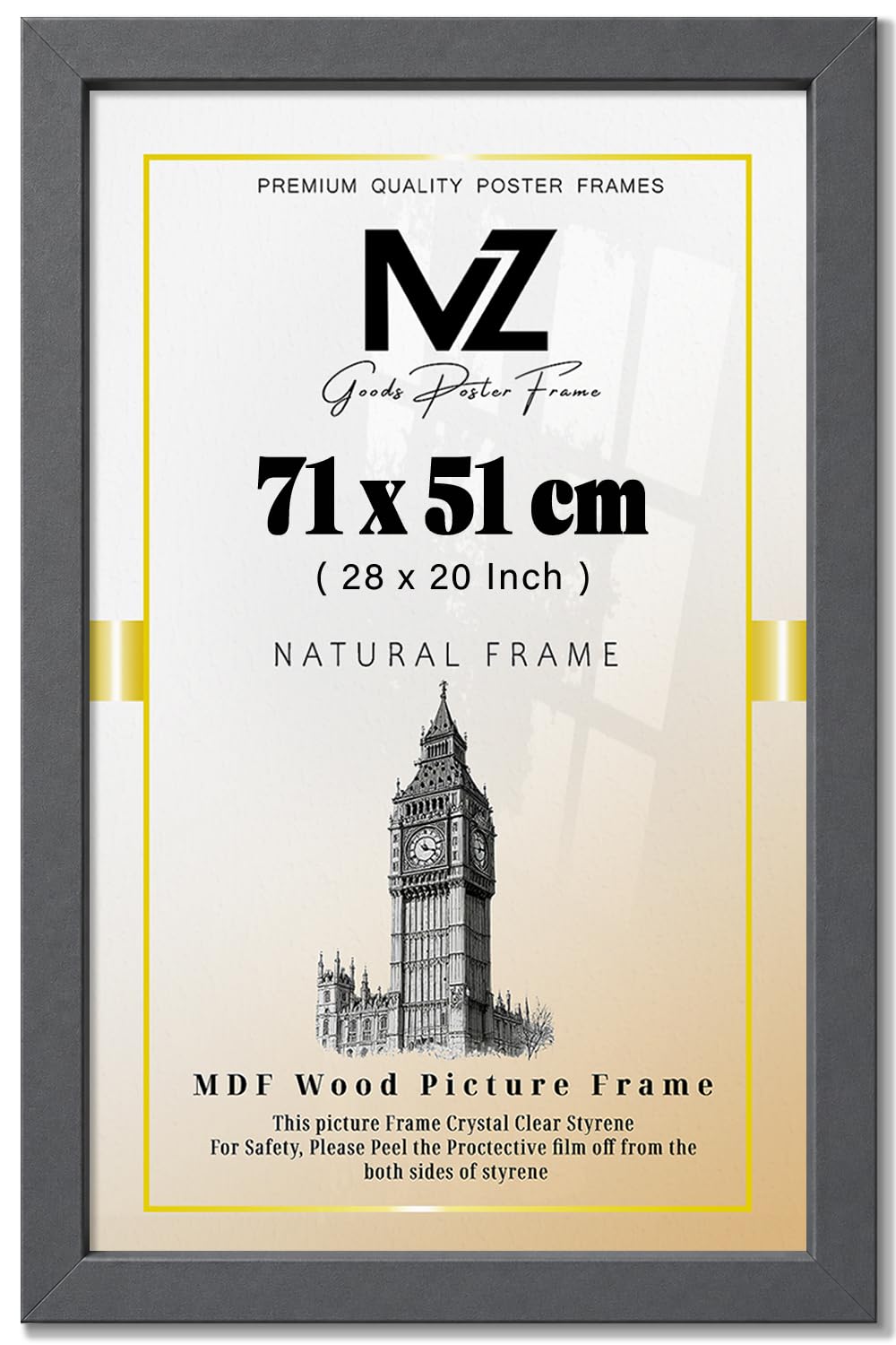 MZ GOODS | MDF Picture Frame (71 x 51 CM) No Mount Included for Paintings, Album Covers & Wall Art, MDF Finish, Secure Hanging Hooks Included [ Dark Grey ]
