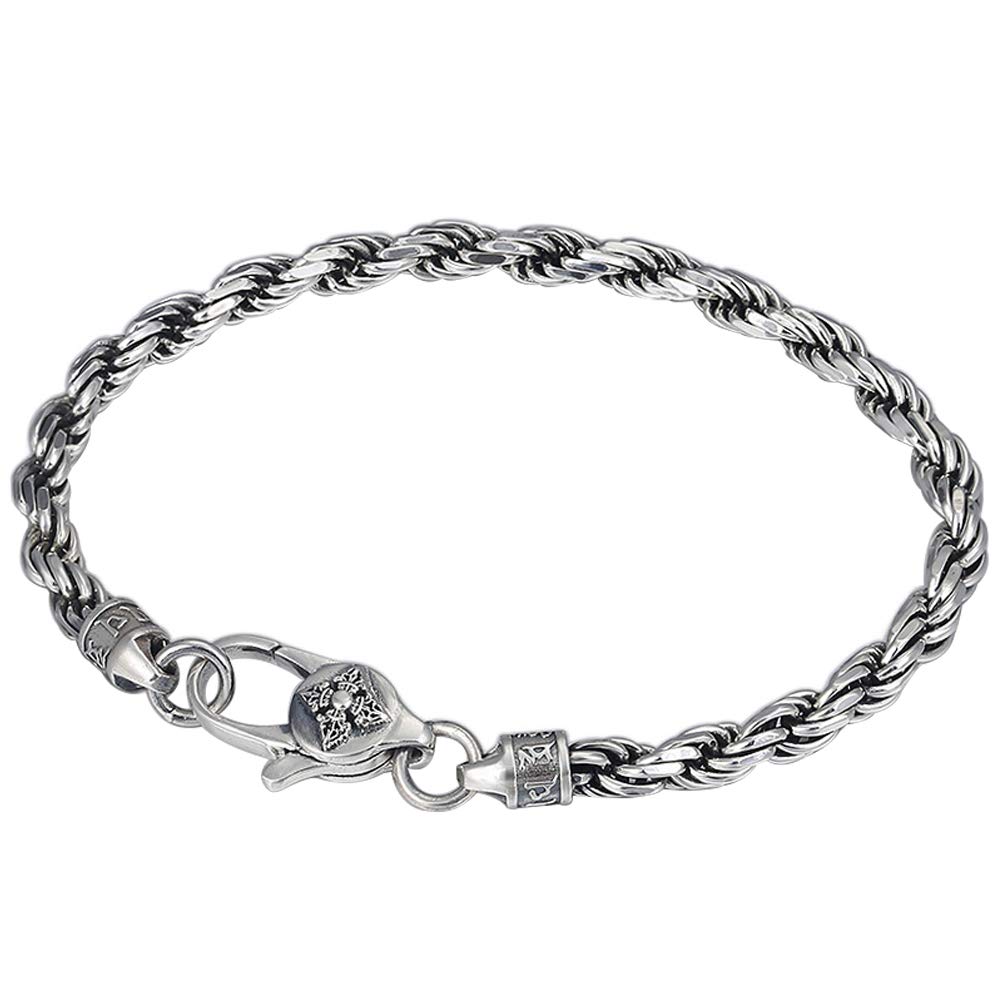 ForFox Pulsera de Cadena de Cuerda Trenzada con Broche Budista de Plata de Ley 925 Vintage para Hombre Mujer 4mm 18/20cm