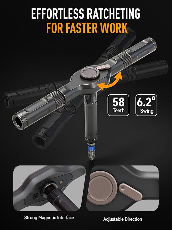 DISEN 68PC Ratcheting Screwdriver Set T-Handle 42 Bits S2 Steel | 58-Tooth ratchet | Magnetic pickup & pad | T-handle grip |For laptop, PC, game console, furniture, bike| Storage case