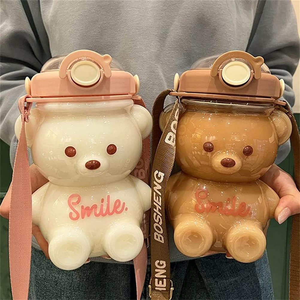 Kawaii Bear Straw Bottle, Large Kawaii Bear Shaped Water Bottle with Straw and Carrying Loop Adjustable Shoulder Strap, Cute Portable Water Bottles for Women Girls Sports Camping Picnic Hiking Travel - Image 4