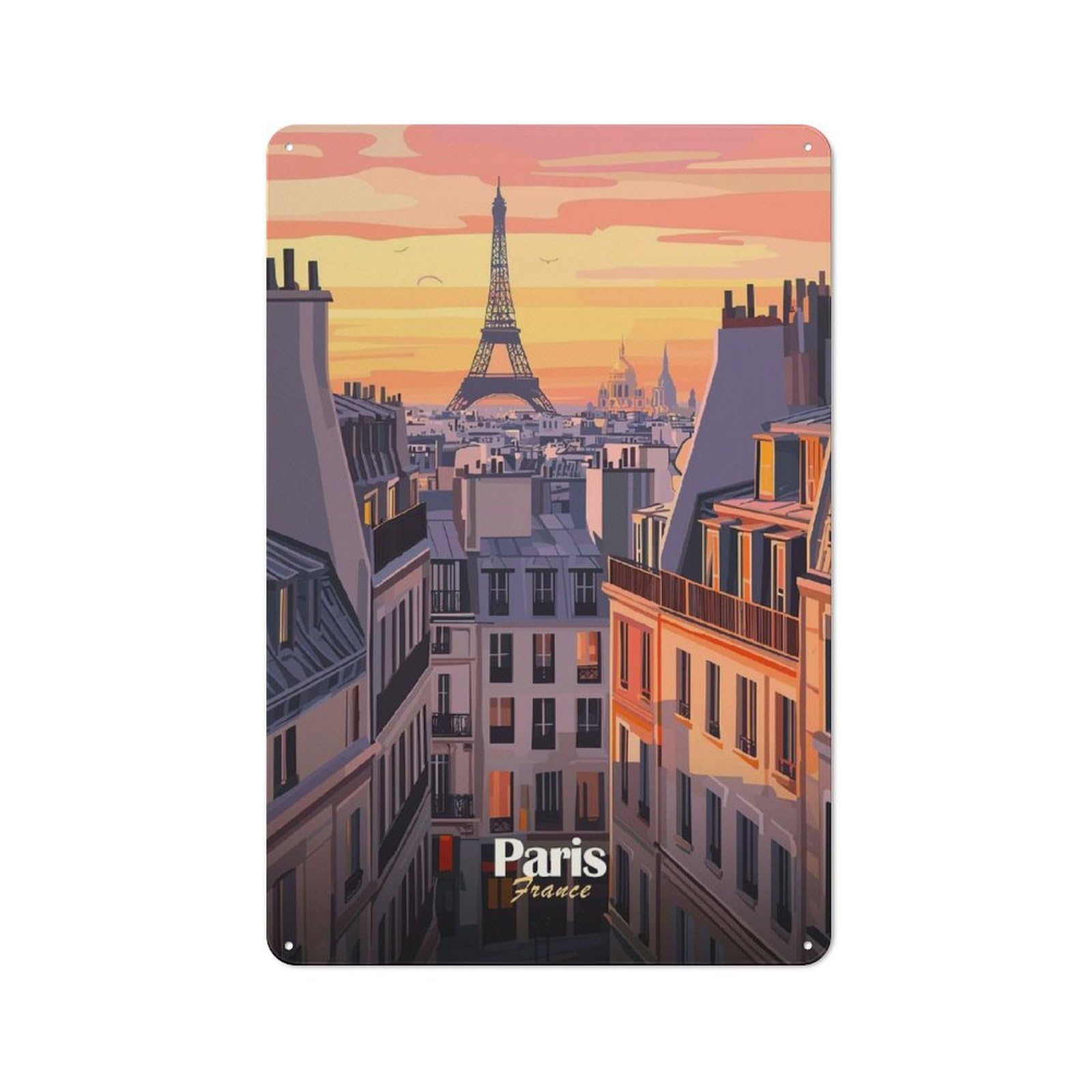 Junmoney Style-10 Paris Sunset Skyline(2) Printed Metal Sign 30X20cm For Man Cave Or Games Room, Suited To Games Room Collectors