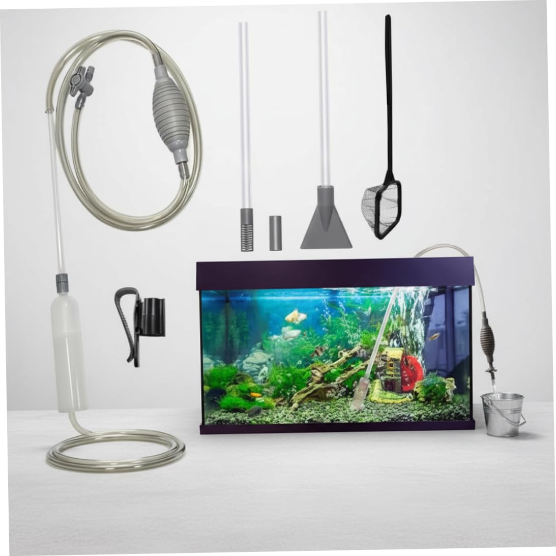 Kit completo de limpieza de acuarios – Bomba de sifón manual de 30 cm con aspiradora de grava, red de peces y accesorios para un fácil mantenimiento del tanque de peces.