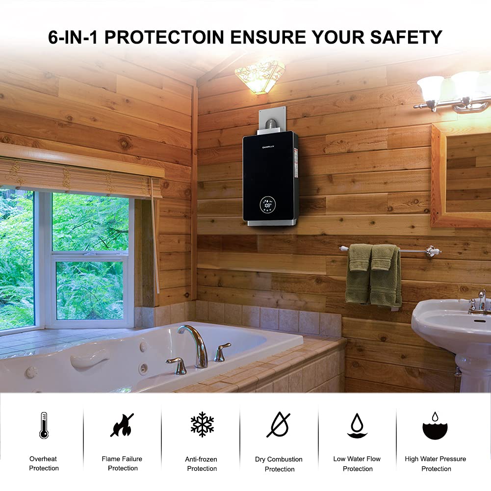 Tankless Water Heater, Camplux Constant Propane Water Heater, 3.18 GPM On Demand Water Heater, Instant Hot Water Heater, Indoor, Black