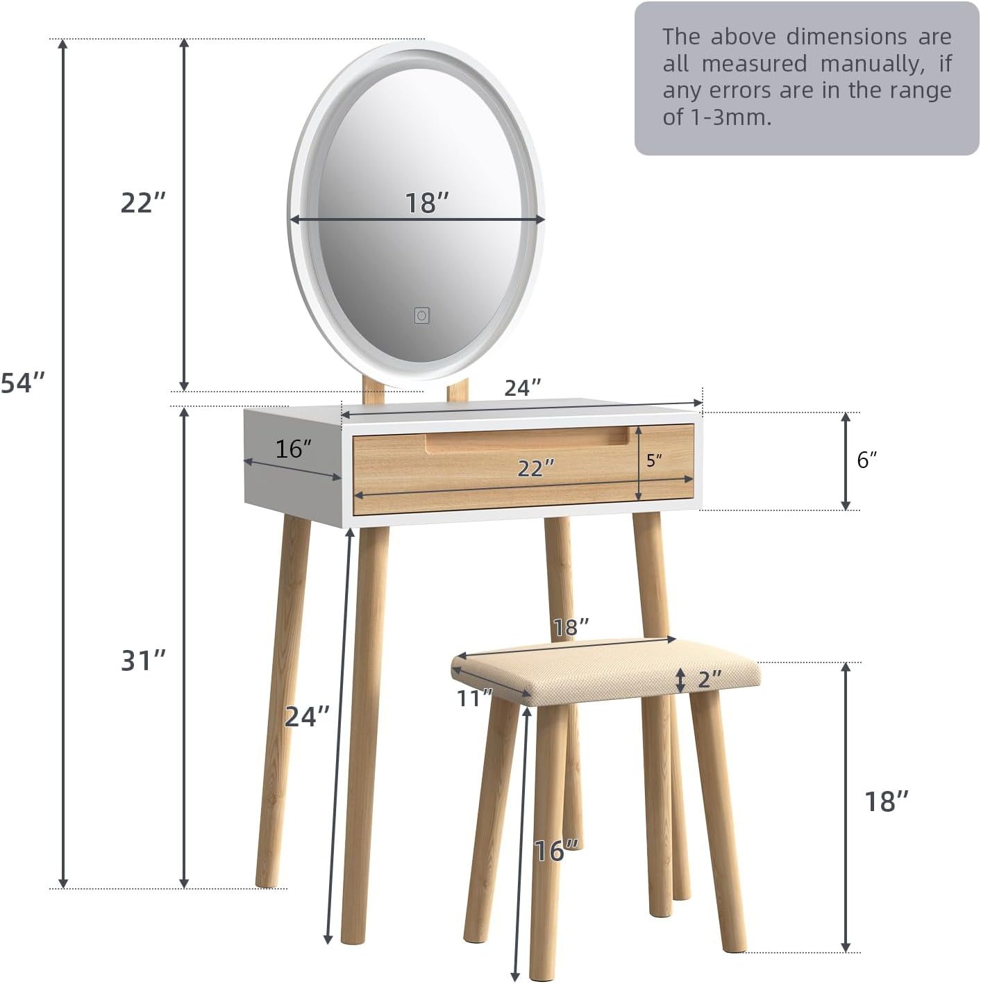 YOURLITE Makeup Vanity Table Set with 3 Modes Adjustable Lighted Mirror Cushioned Stool, Dressing Table for Small Space