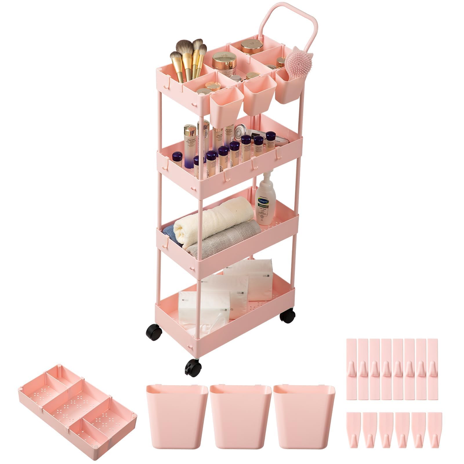 danpinera 4-Tier storage trolley, storage trolley on wheels, beauty trolley with Dividers & Hooks & Hanging Cups, kitchen trolley, storage cart for Kitchen, Make-Up, Bathroom, Office, Pink