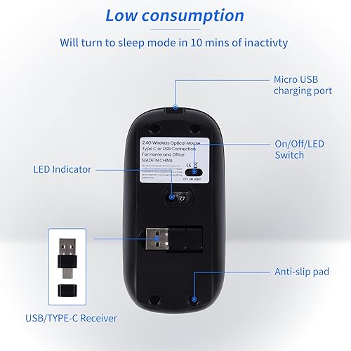 Miniatura 8 de 3C Light Ratón inalámbrico, mouse silencioso delgado recargable 2.4G portátil óptico de oficina RGB con USB y receptor tipo C, 3 DPI ajustables para