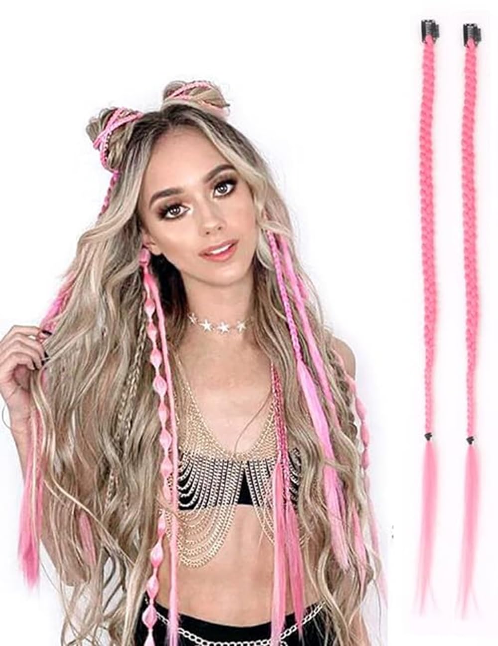 2 x Clip-In Hair Extension Highlights Streaks, Colourful Hair Highlights (Braid - Pink), 22 inches