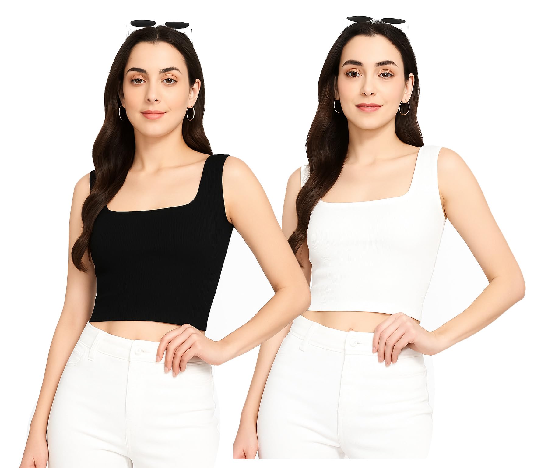 srisaras Women’s Stretch Cotton Blend Black & White Crop Tank Top (Pack of 2)-picture-25
