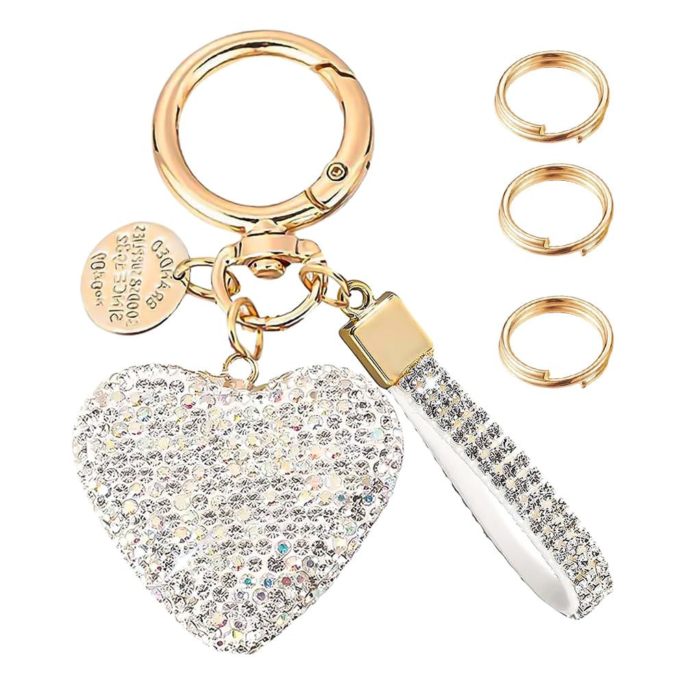 Rohxyzo Unisex Silver And Gold Sparkling Heart Keychain - Gold Cute Keyring & Bag Charm For Women, Purse Wristlet Handbag Charms Decorative Key Chain Accessory