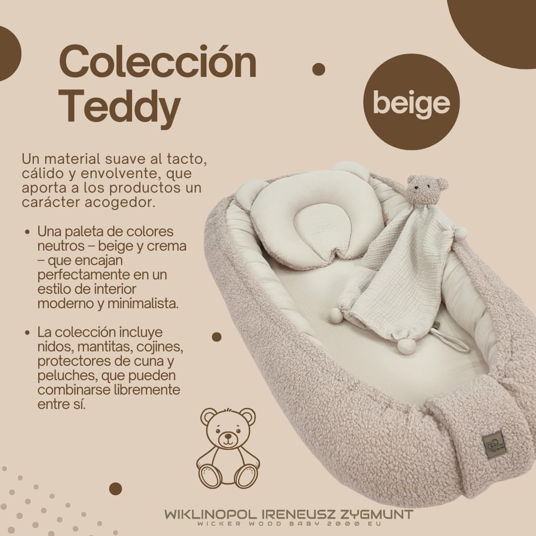 WIKLINOPOL Babynest, nido para recién nacidos – Baby Nest 80x46 cm en Beige, nido portátil de muselina y suave peluche Teddy – nido bebé para recién nacido con colchón extraíble