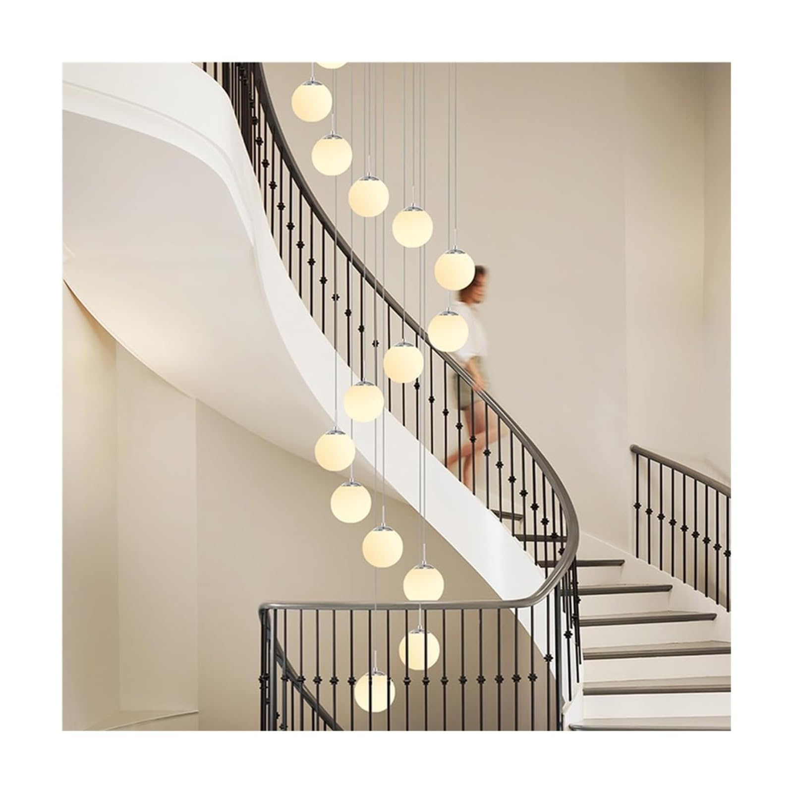 Lampy wiszące Mid Century 12 białych kulek ze szkła mlecznego długi matowy żyrandol do wejścia kominka wysokie sufity lampa wisząca salon jadalnia złoty chrom (złoty