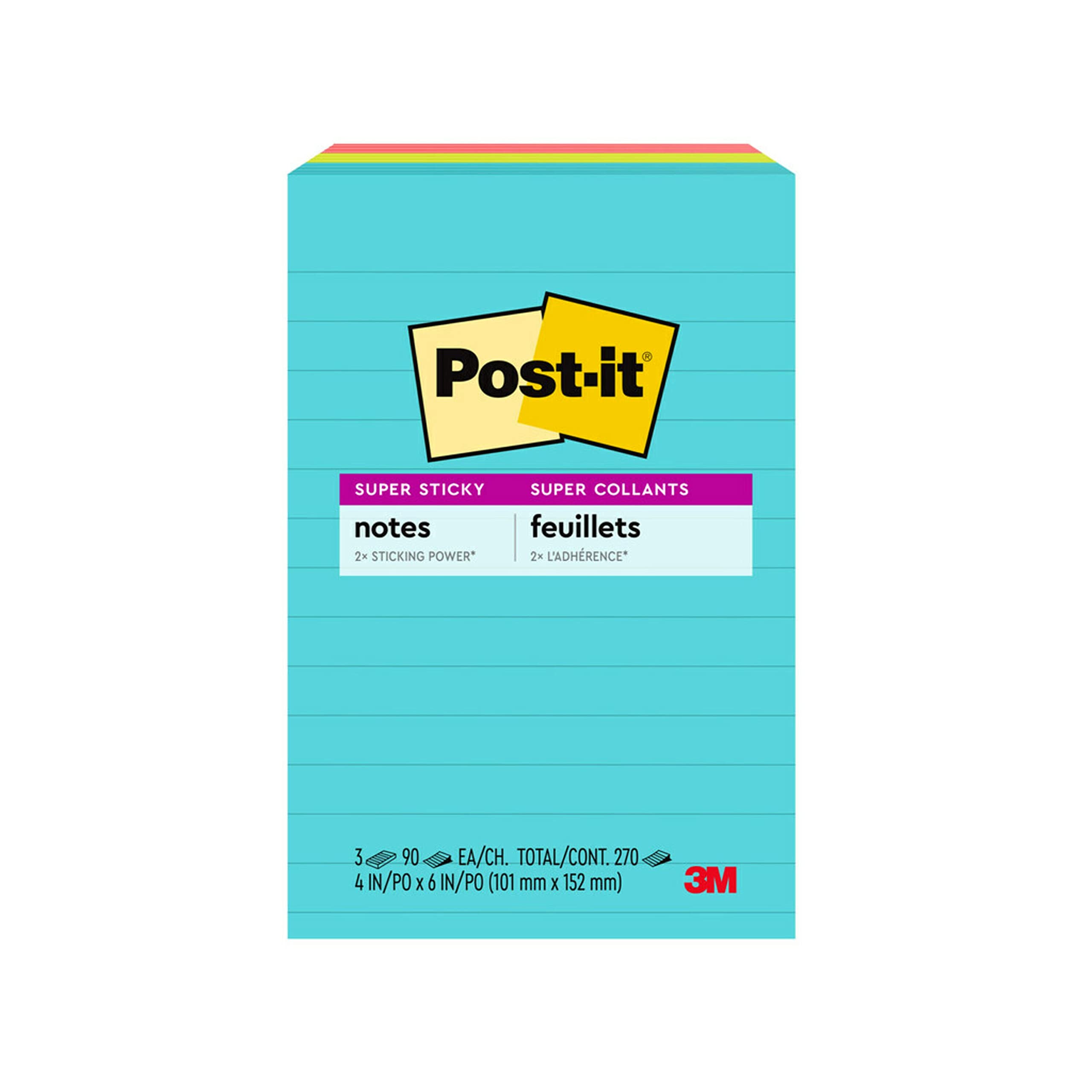 Post-it Super Sticky Notes, 10,2 x 15,2 cm, 3 blocchetti, 2 X The Sticking Power, Supernova Neon, colori vivaci, riciclabili (660-3SSMIA), (confezione da 12)