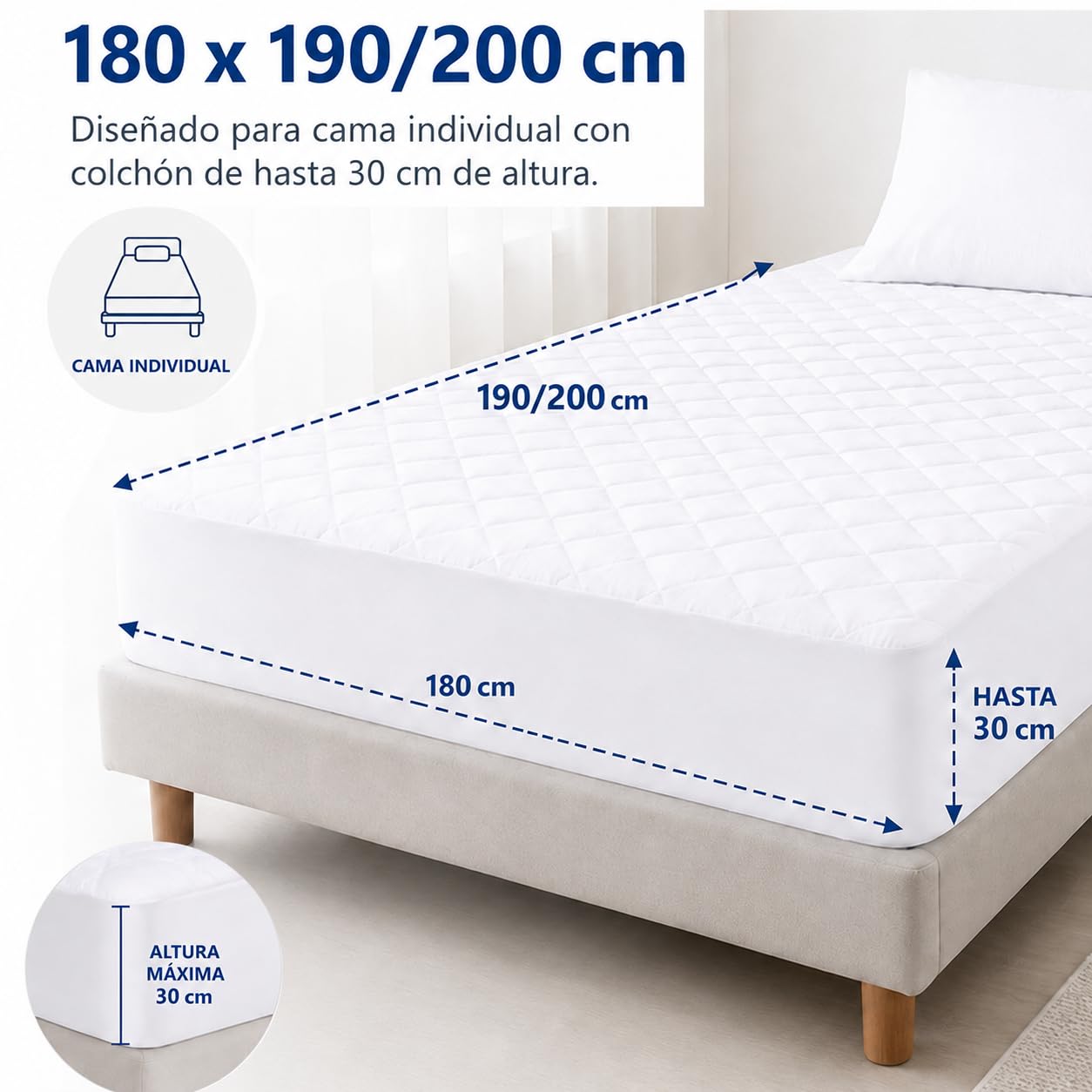 Protector Colchón Acolchado Impermeable 180x190/200 cm, Cubrecolchón con Relleno de Fibra, Transpirable, Silencioso y Ajustable hasta 30 cm, Suave, Antiácaros y Lavable